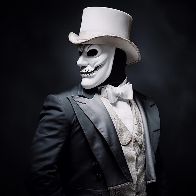 a man wearing a mask and a white hat with a white shirt and a white hat.