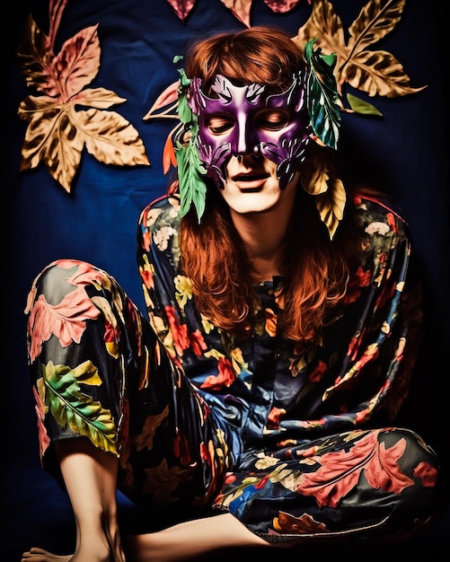 A man wearing a mask with a leaf pattern on it