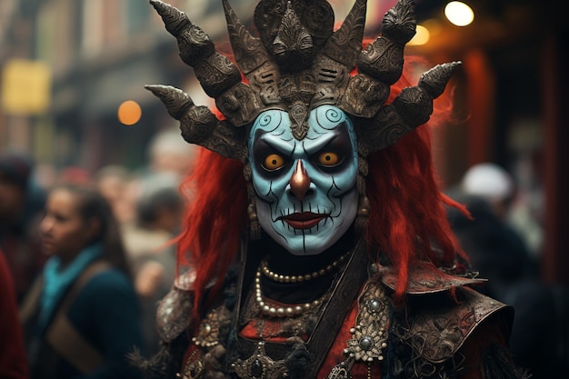 a man wearing a mask with red hair and horns