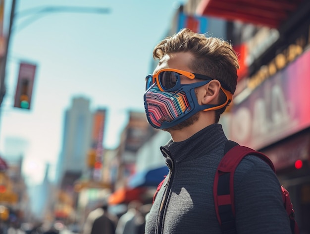 a man wearing a mask with the word " goggles " on it.