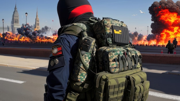 Мужчина в военной форме и на рюкзаке с надписью «амм».