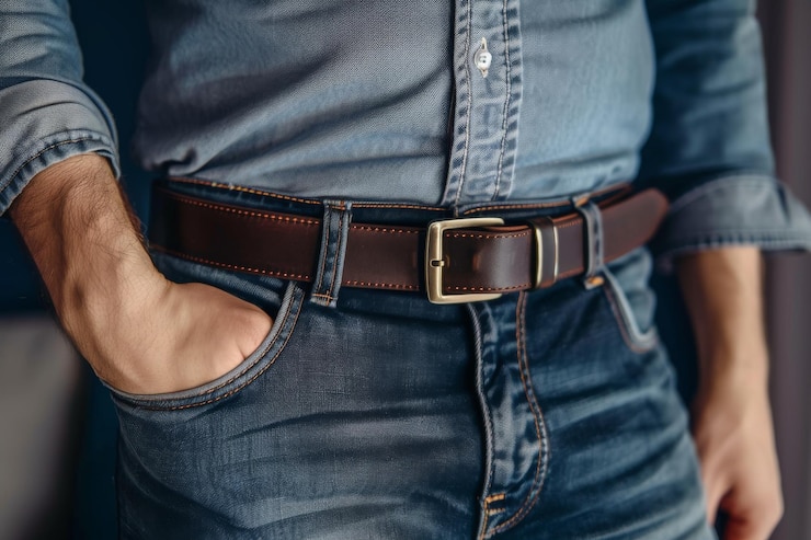 Photo man wearing modern leather belt unrecognizable elegant man wearing modern leather belt