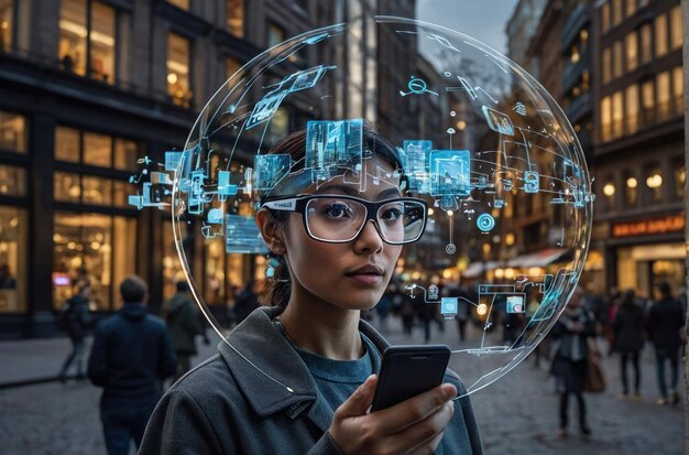 Foto uomo che indossa occhiali intelligenti moderni in città