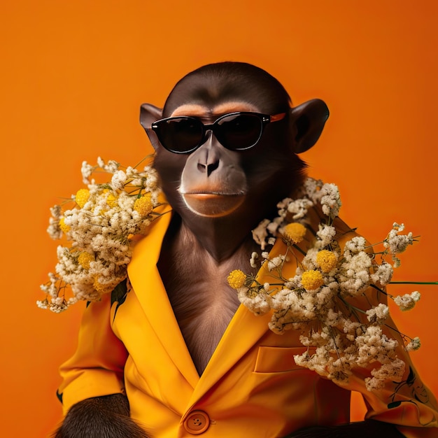 A man wearing a monkey mask and sunglasses holding flowers generative ai