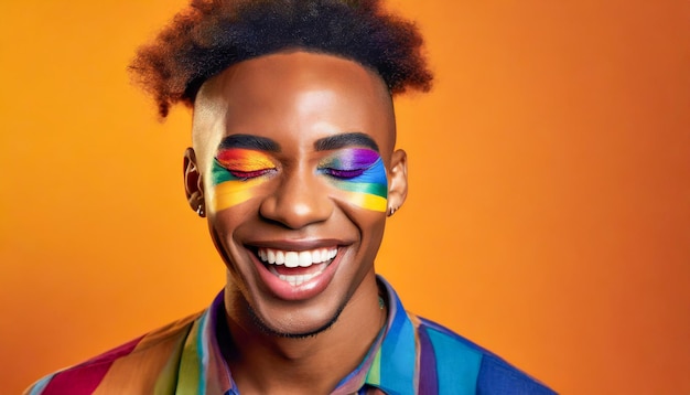 Photo man wearing multicolored makeup pride month inclusion love lbgtq plus