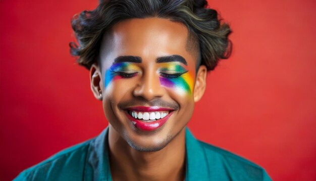 Photo man wearing multicolored makeup pride month inclusion love lbgtq plus
