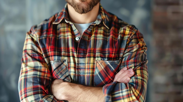 Photo a man wearing a multicolored plaid shirt with his arms crossed over his chest