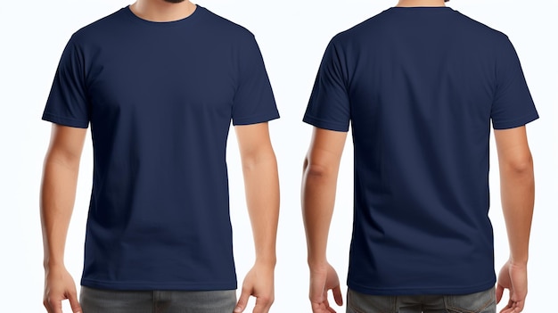 Man wearing a Navy blue Tshirt Front and back view mockup on white background