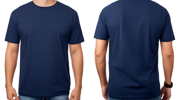 Man wearing a Navy blue Tshirt Front and back view mockup on white background