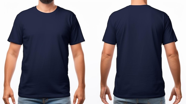 Man wearing a Navy blue Tshirt Front and back view mockup on white background