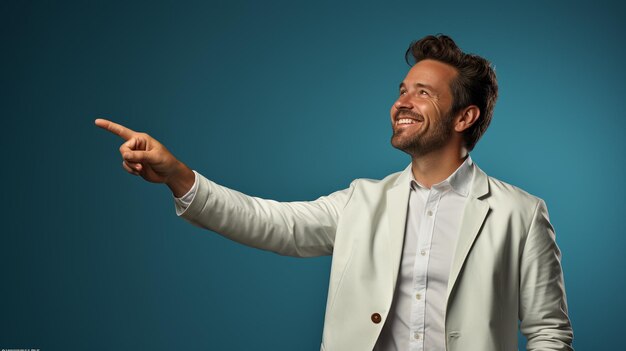 Photo a man wearing neat clothes with a pointing hand gesture in the studio background created with ai