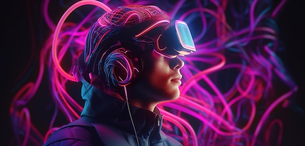 A man wearing a neon - colored vr headset in front of a neon - colored background.