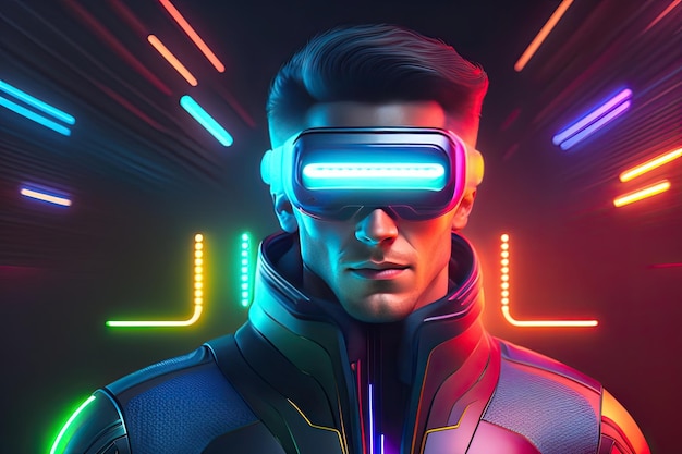 A man wearing a neon glasses with the word vr on it.