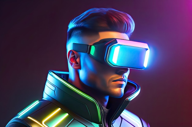 A man wearing a neon glasses with the word vr on it.