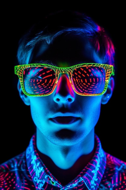 a man wearing neon glasses with the word " x " on them.