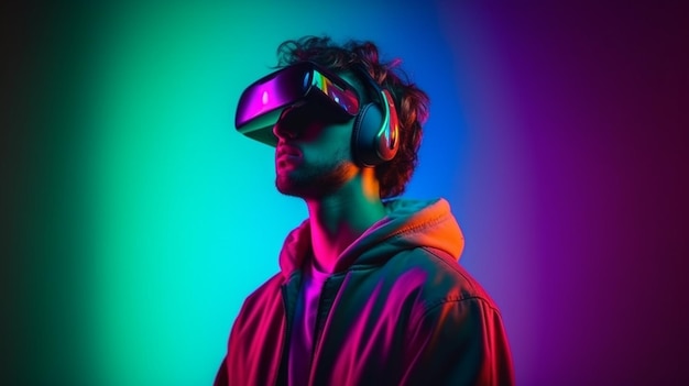 A man wearing a neon green virtual reality headset