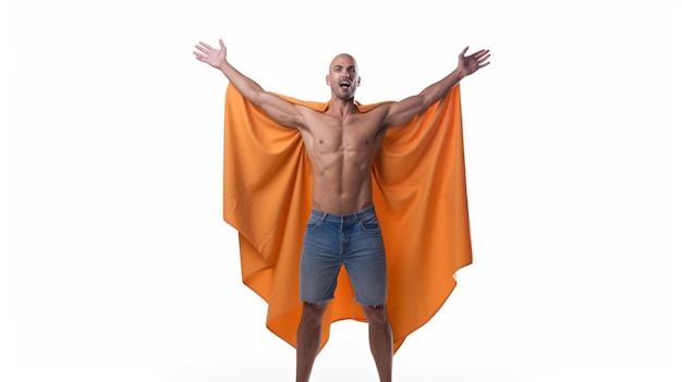 A man wearing an orange cape with the word thunder on it