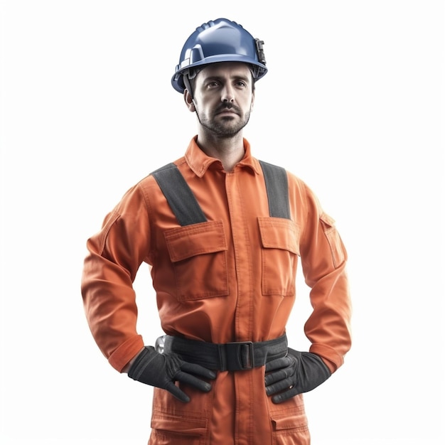 A man wearing an orange hard hat and an orange hard hat.