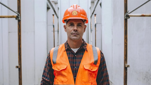 a man wearing an orange hard hat and an orange vest