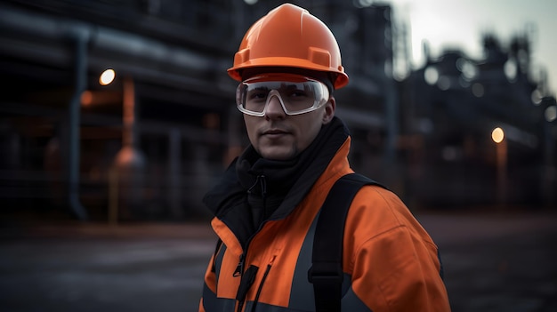 A man wearing an orange hard hat and safety goggles stands in front of a factory.