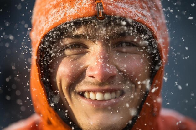 Foto un uomo che indossa un cappello arancione sorride nella neve