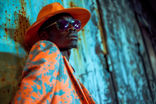 A man wearing an orange hat and sunglasses stands in front of a wall