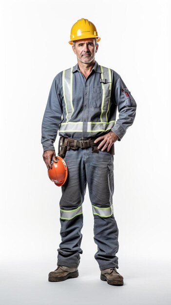 Photo a man wearing a orange helmet and a vest that says  hes wearing a helmet