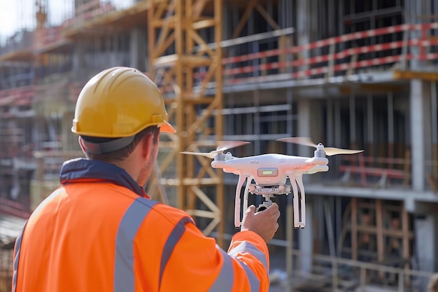 A man wearing an orange jacket holds a remote control helicopter Largescale construction site utilizing drone technology for site surveying AI Generated