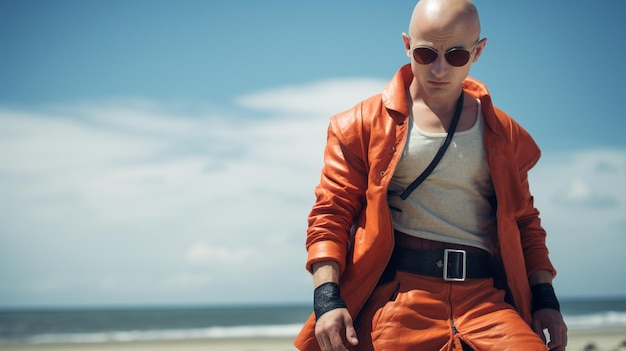 a man wearing a orange outfit is standing on the beach with sunglasses on his head.