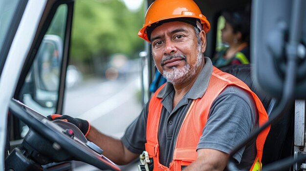 a man wearing an orange safety helmet is driving a vehicle