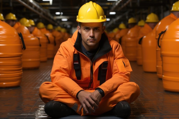 A man wearing an orange safety suit and hard hat sitting on the floor ai