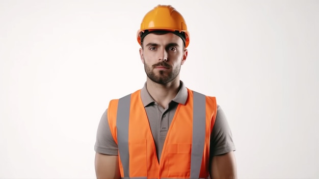 A man wearing an orange safety vest stands in front of a white background