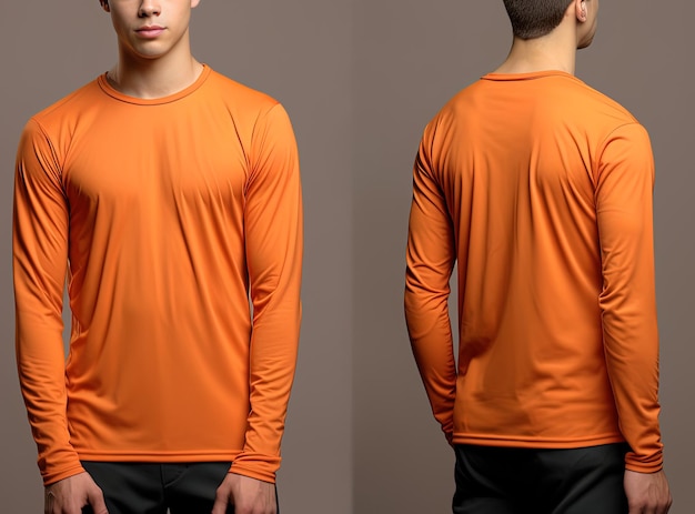 Man wearing a orange tshirt with long sleeves front and back view