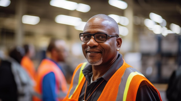 A man wearing an orange vest and glasses smiles warmly