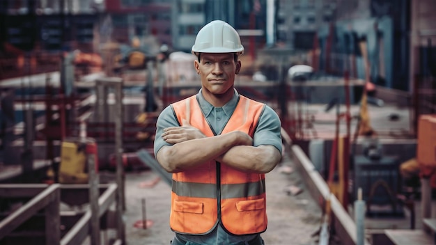 a man wearing an orange vest with his arms crossed