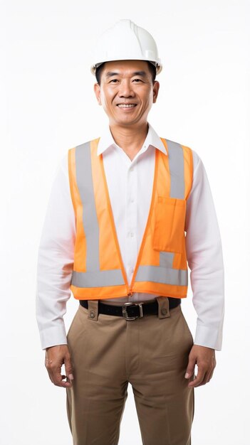 Photo a man wearing an orange vest with the letters l on it