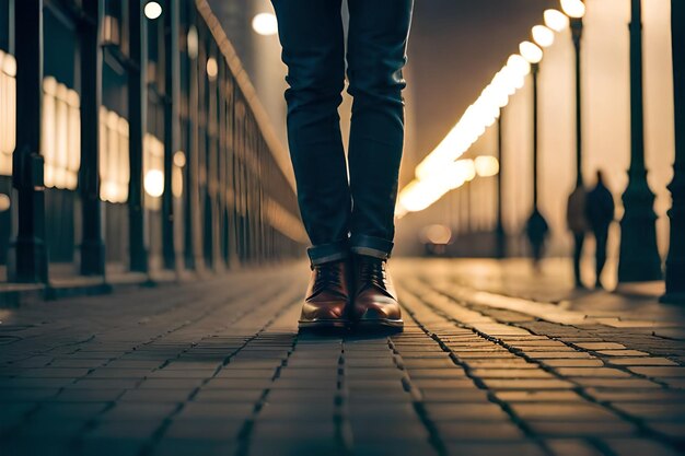 a man wearing a pair of shoes stands on a sidewalk.