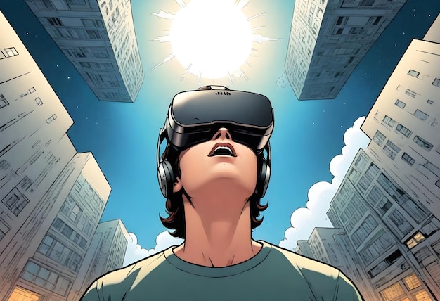 a man wearing a pair of virtual reality glasses is looking up at the sky