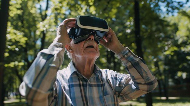 Foto un uomo che indossa un paio di occhiali di realtà virtuale sta guardando il cielo