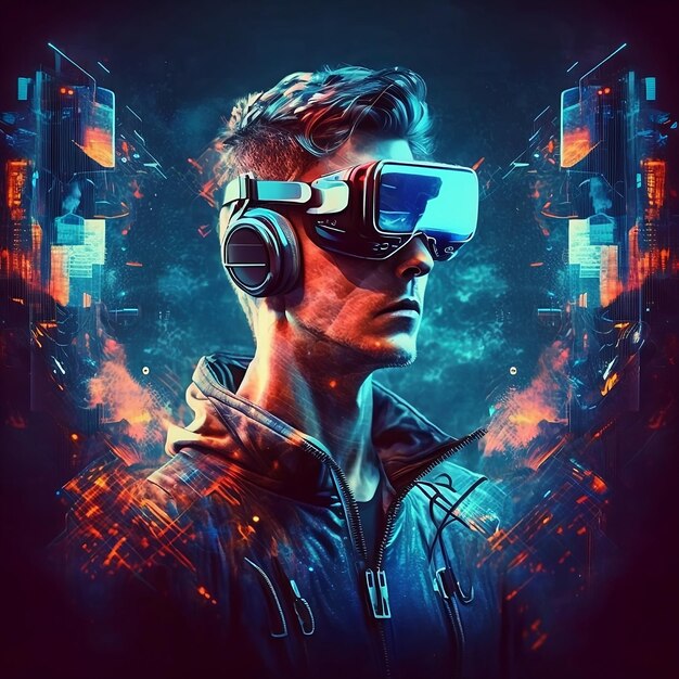 Premium Photo A man wearing a pair of vr glasses with the word vr on it.