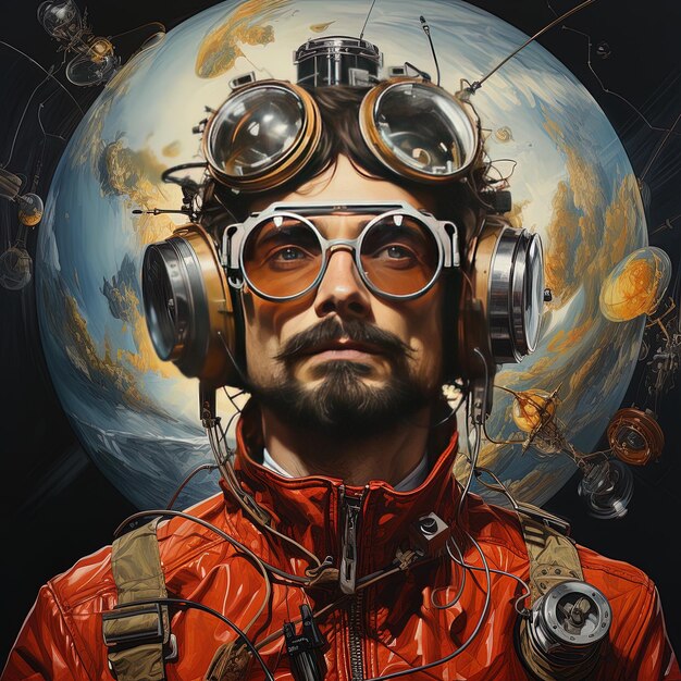 Photo a man wearing a pilot hat and goggles is wearing a red jacket with the words  space  on it