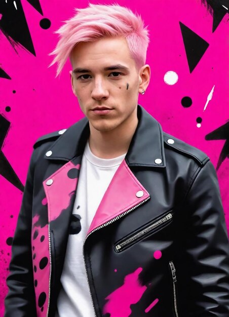 a man wearing a pink and black jacket with pink hair and a white t shirt with a pink and black desig