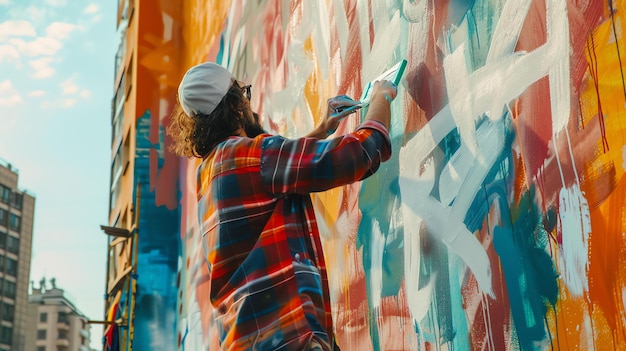 A man wearing a plaid shirt and white hat is painting a mural on a wall The mural is made of bright colors and abstract shapes