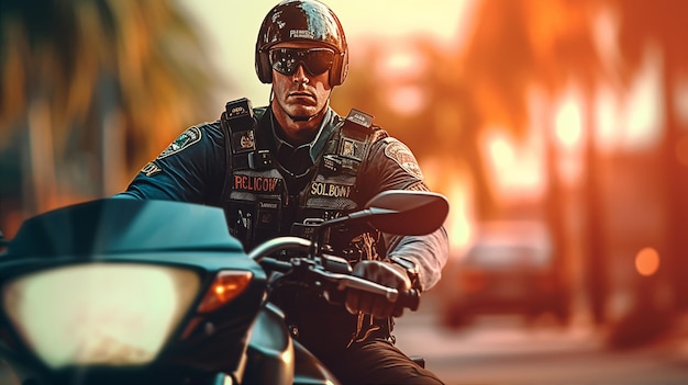 Photo a man wearing a police uniform rides a motorcycle on a road with the words flamboyant on the back.
