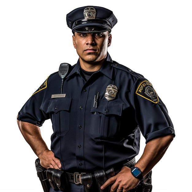 A man wearing a police uniform stands in front of a white background.