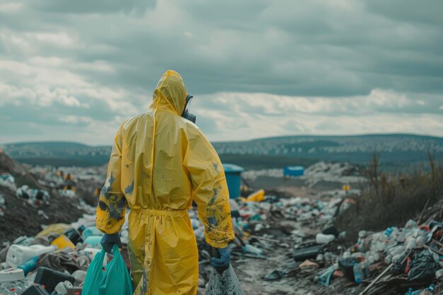 Foto un uomo che indossa una tuta protettiva e una maschera che raccoglie la spazzatura da una discarica