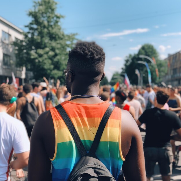 A man wearing a rainbow colored tank top stands in a parade with the word pride on it.