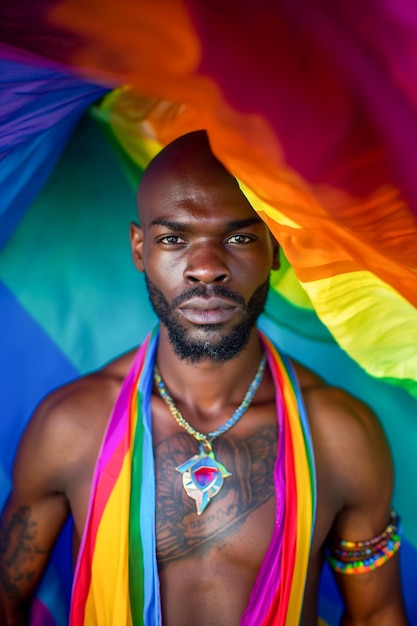 A man wearing a rainbow scarf and necklace stands in front of a rainbow flag