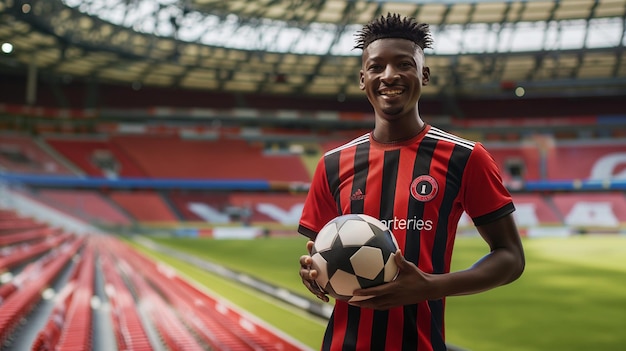 a man wearing a red and black striped soccer uniform holding a soccer ball