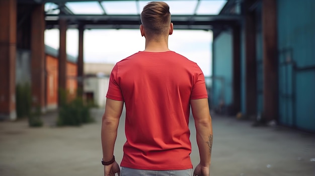 A man wearing red blank t shirt back side